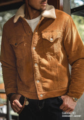 Unbranded 27 Men Amekaji DownThicken Artificial Lambwool Coat Winter Casual Solid Multi-pocket Single-breasted Corduroy Fleece Jacket