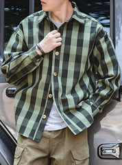 Unbranded 27 Harajuku Plaid Men's Shirts Retro 360G Heavy High Quality Casual Single Breasted Loose Long-sleeved Turn-down Collar Shirt