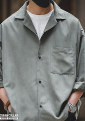Unbranded 27 men's workwear French vintage long-sleeved Cuban collar thin shirt Naples Japanese shirt peach skin velvet
