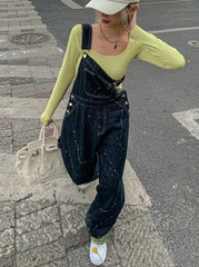 Vibing-Women's denim strappy pants retro loose straight reduce age