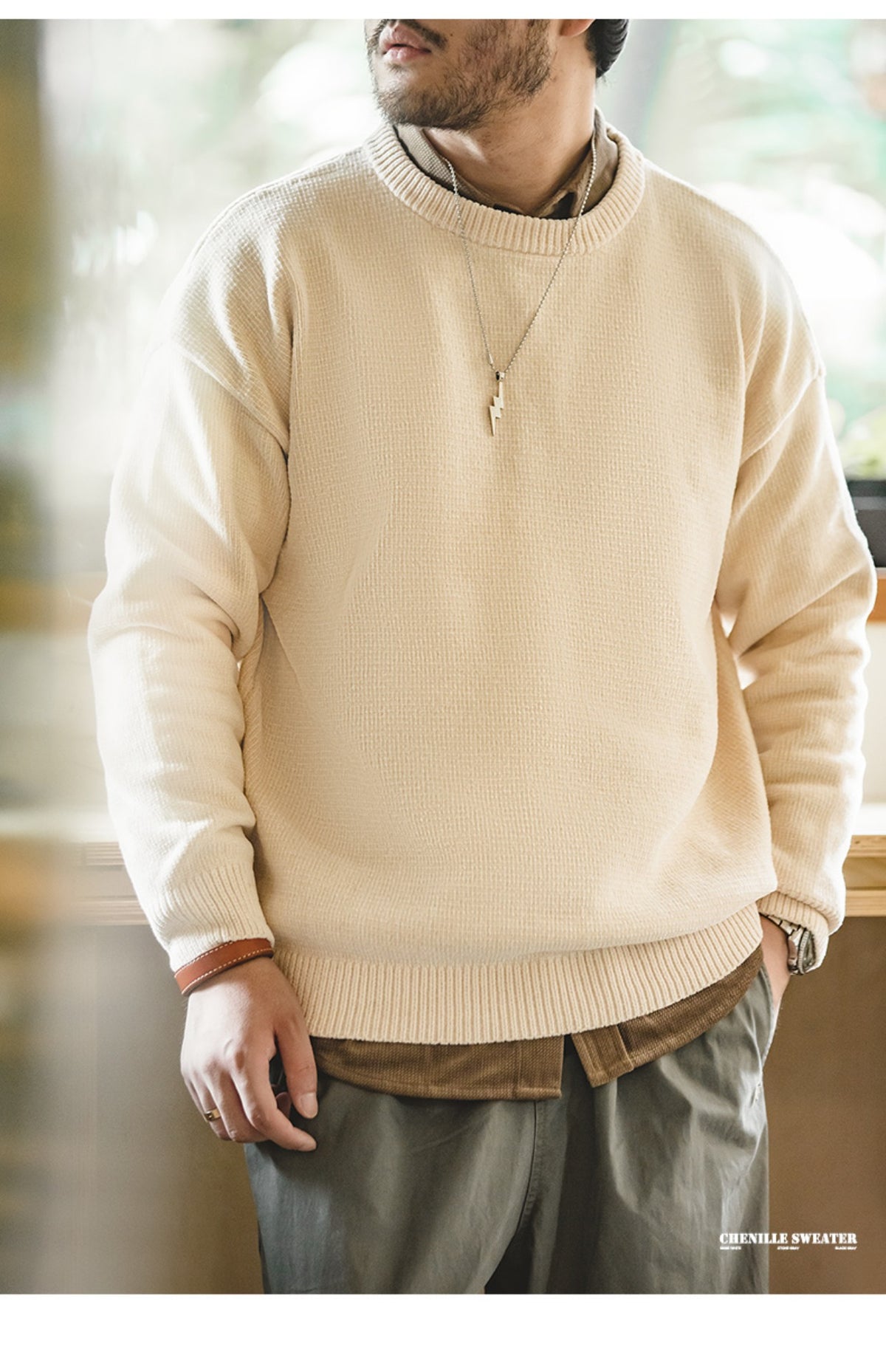 Unbranded 27 workwear men's American casual chenille round neck sweater warm lazy basic bottom knit