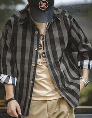 Unbranded 27 Harajuku Plaid Men's Shirts Retro 360G Heavy High Quality Casual Single Breasted Loose Long-sleeved Turn-down Collar Shirt