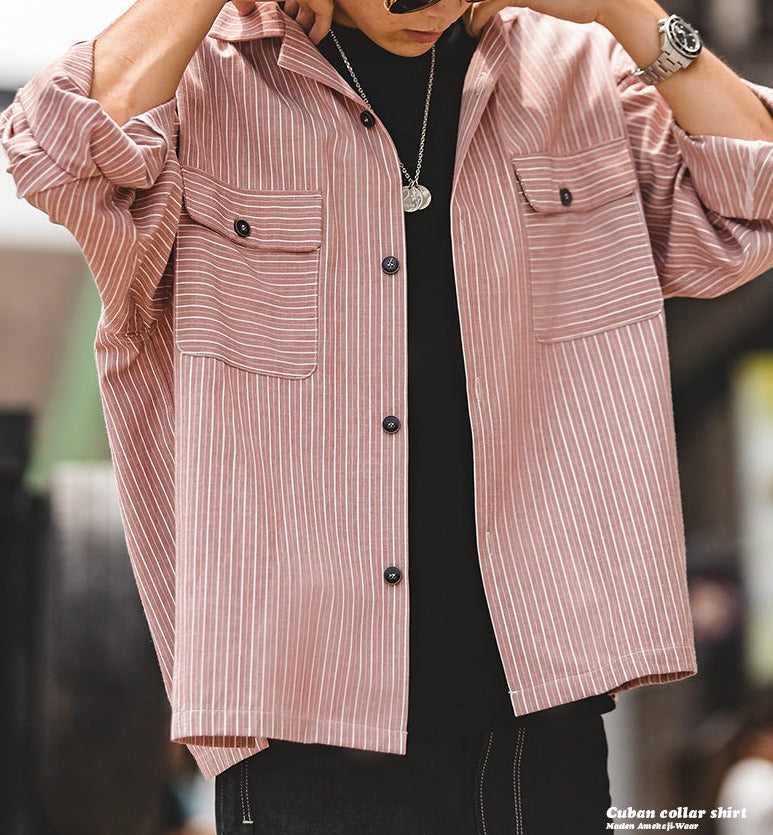 Unbranded 27 Striped Cuban Collar Men Shirt Jap Retro Patchwork Vintage Pocket Long-sleeved Polyester Cotton Spring Fall Shirt Trend