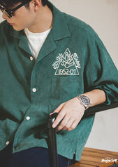 Unbranded 27 men's workwear American vintage dark green shirt peach skin fleece embroidered loose lapel shirt