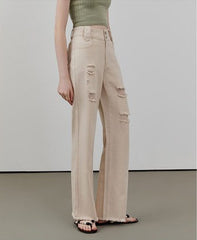 Circlofy women's torn wide leg pants spring new high-waisted straight fur-trimmed jeans