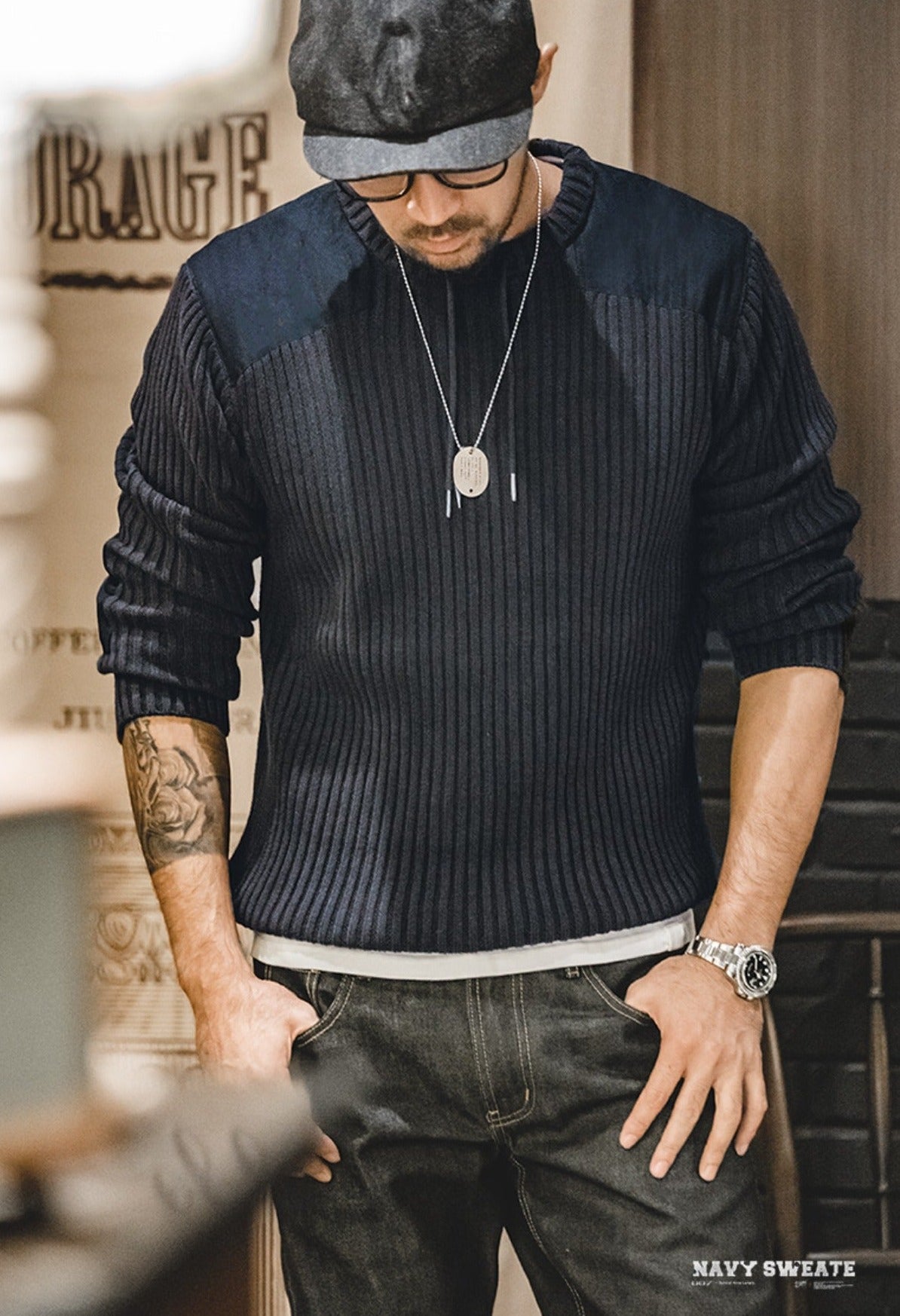 Unbranded 27 Vertical Stripe Sweater O-Neck Slim Fit Men?¡¥s Retro Knitted Pullover Patch Stitching Design Classic Sweaters Men Clothing