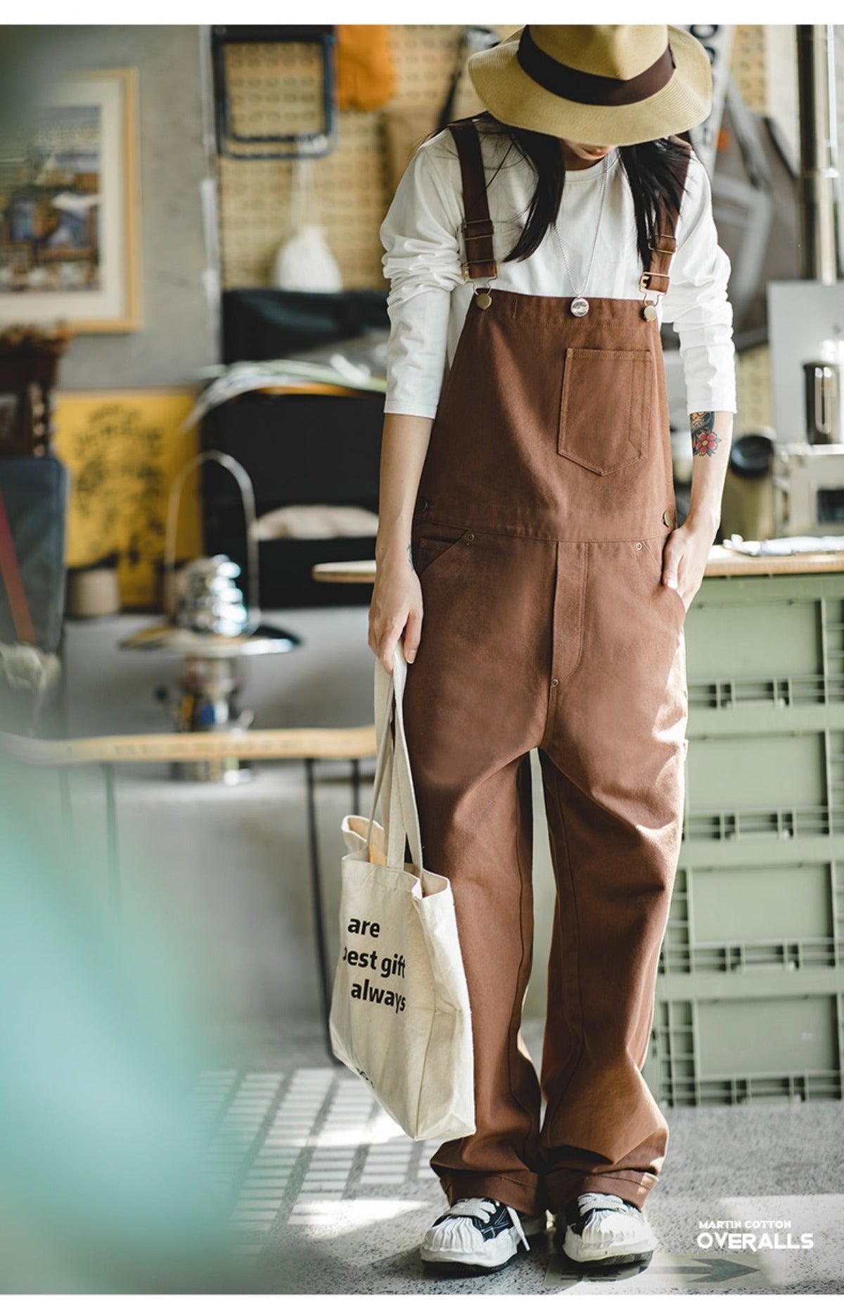 Unbranded 27 women's American retro cotton loose straight workwear strappy pants autumn and winter curry function wide leg jumpsuit