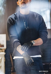 Unbranded 27 Vertical Stripe Sweater O-Neck Slim Fit Men?¡¥s Retro Knitted Pullover Patch Stitching Design Classic Sweaters Men Clothing