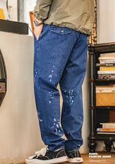 Unbranded 27 Casual Denim Jeans For Men Elastic Waist Loose Straight Long Pants Dark Blue Baggy Trousers Streetwear Brand Clothing