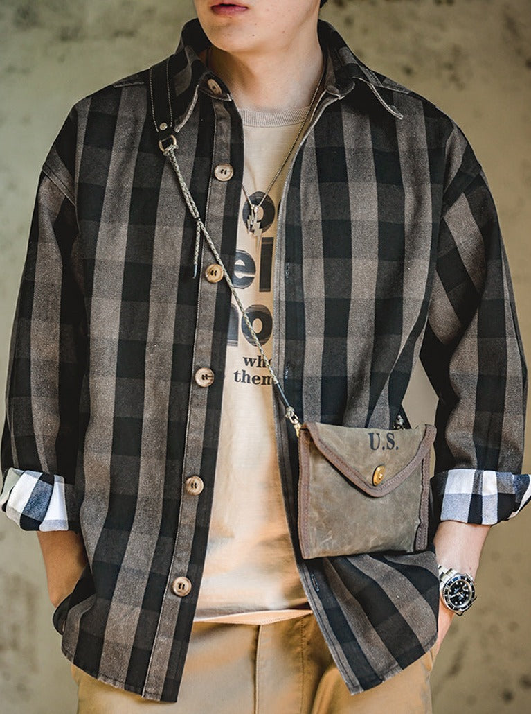 Unbranded 27 Harajuku Plaid Men's Shirts Retro 360G Heavy High Quality Casual Single Breasted Loose Long-sleeved Turn-down Collar Shirt