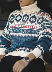Unbranded 27 Men Turtlenecks Snowflake Sweater Winter Thick Patchwork Harajuku Printed Faire Island Knit Pullovers Japan Retro Oversize