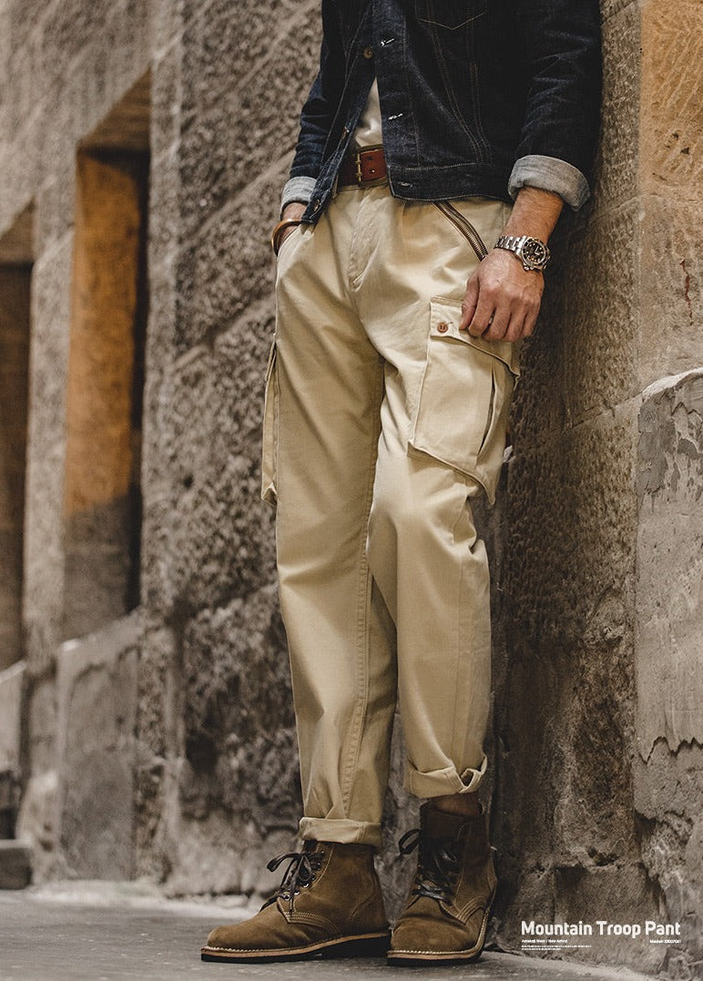 Unbranded 27 Retro Khaki Tapered Cargo Pants Men Mountain Military Pant Cotton Zipper Pocket Casual Men's Trendy Long