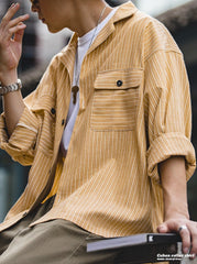 Unbranded 27 Striped Cuban Collar Men Shirt Jap Retro Patchwork Vintage Pocket Long-sleeved Polyester Cotton Spring Fall Shirt Trend