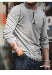 Unbranded 27 workwear men's American vintage heavyweight long-sleeved Henley shirt T-shirt open collar tough guy outer thin bottoming shirt