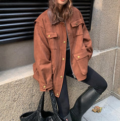 yuuue workwear jacket female winter 2022 new loose stitching plus velvet thickening retro ins musk leather jacket tops