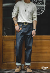 Unbranded 27 Indigo Vintage Hemming Jeans Men?¡¥s Cargo Selvedge Denim Jeans Slim fit Straight trousers 13.5 oz Raw Denim Mid Waist