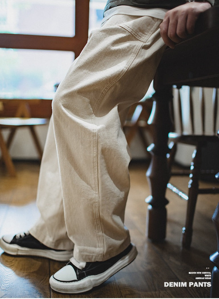 Unbranded 27 Japanese Retro Cotton Seed Shell Rice White Casual jeans Loose Straight Long Pants Cargo Pants Sweatpants Men Trousers