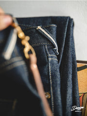 Unbranded 27 Indigo Vintage Hemming Jeans Men?¡¥s Cargo Selvedge Denim Jeans Slim fit Straight trousers 13.5 oz Raw Denim Mid Waist
